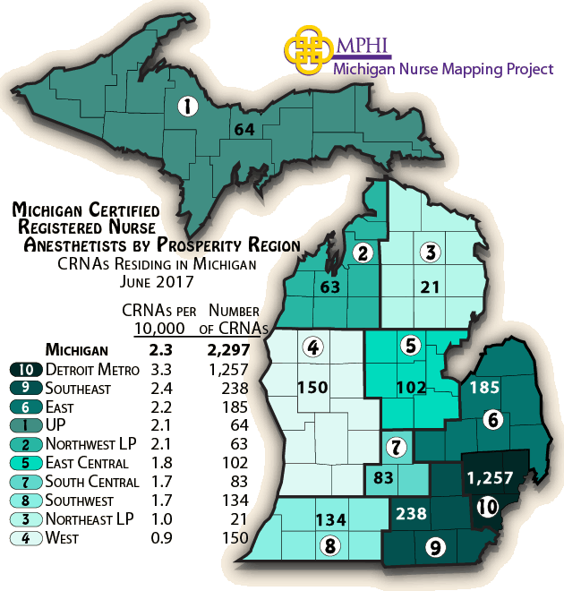 Michigan map of CRNAs by prosperity region in 2017
